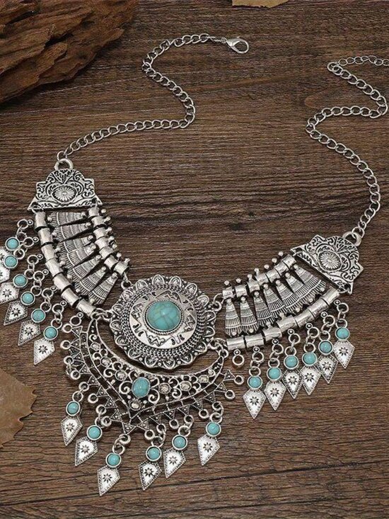 065 Antique Silvery Blue Vintage Ethnic Necklace - Picture 1 of 1
